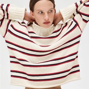 J. Crew Cream Cable Knit Sweater with Red and Black Accents